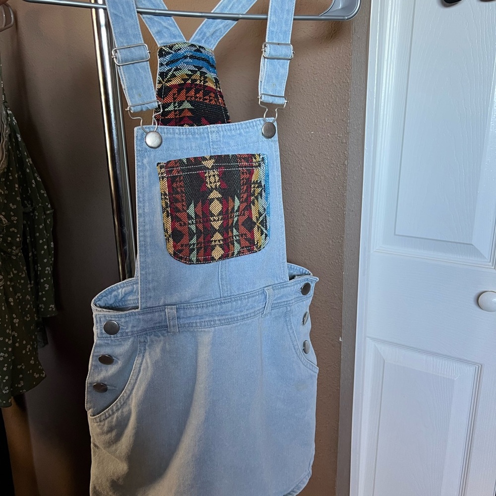 Forever 21 Blue Denim Overalls with Geometric Pocket